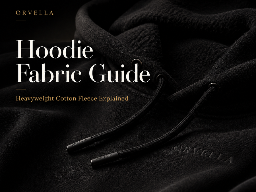 Luxury black ORVELLA hoodie close-up showing heavyweight cotton fleece fabric, tonal branding and drawcord details for a hoodie fabric guide.