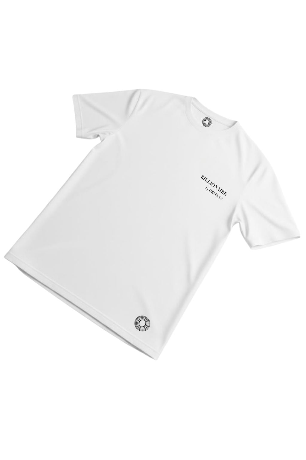 White t-shirt with Billionaire by Orvella brand logo on a white background
