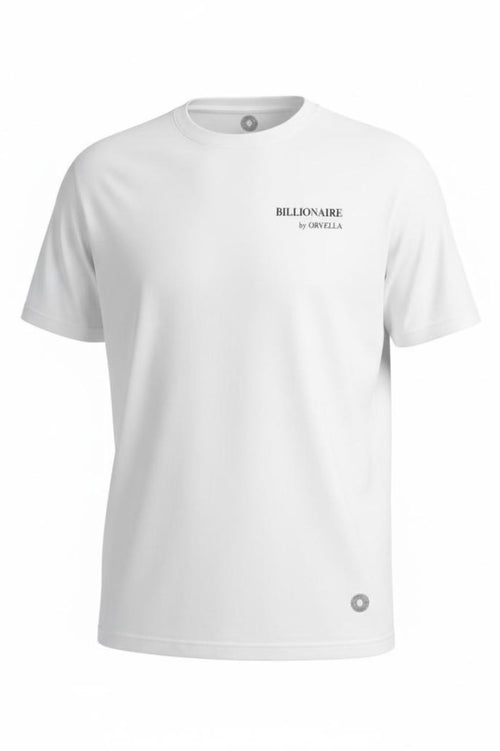 Front view of the Billionaire by ORVELLA T-shirt in pure white, featuring minimalist black chest branding and a circular ORVELLA emblem near the lower hem.