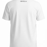 White t-shirt with 'ORVELLA' branding on the back against a white background