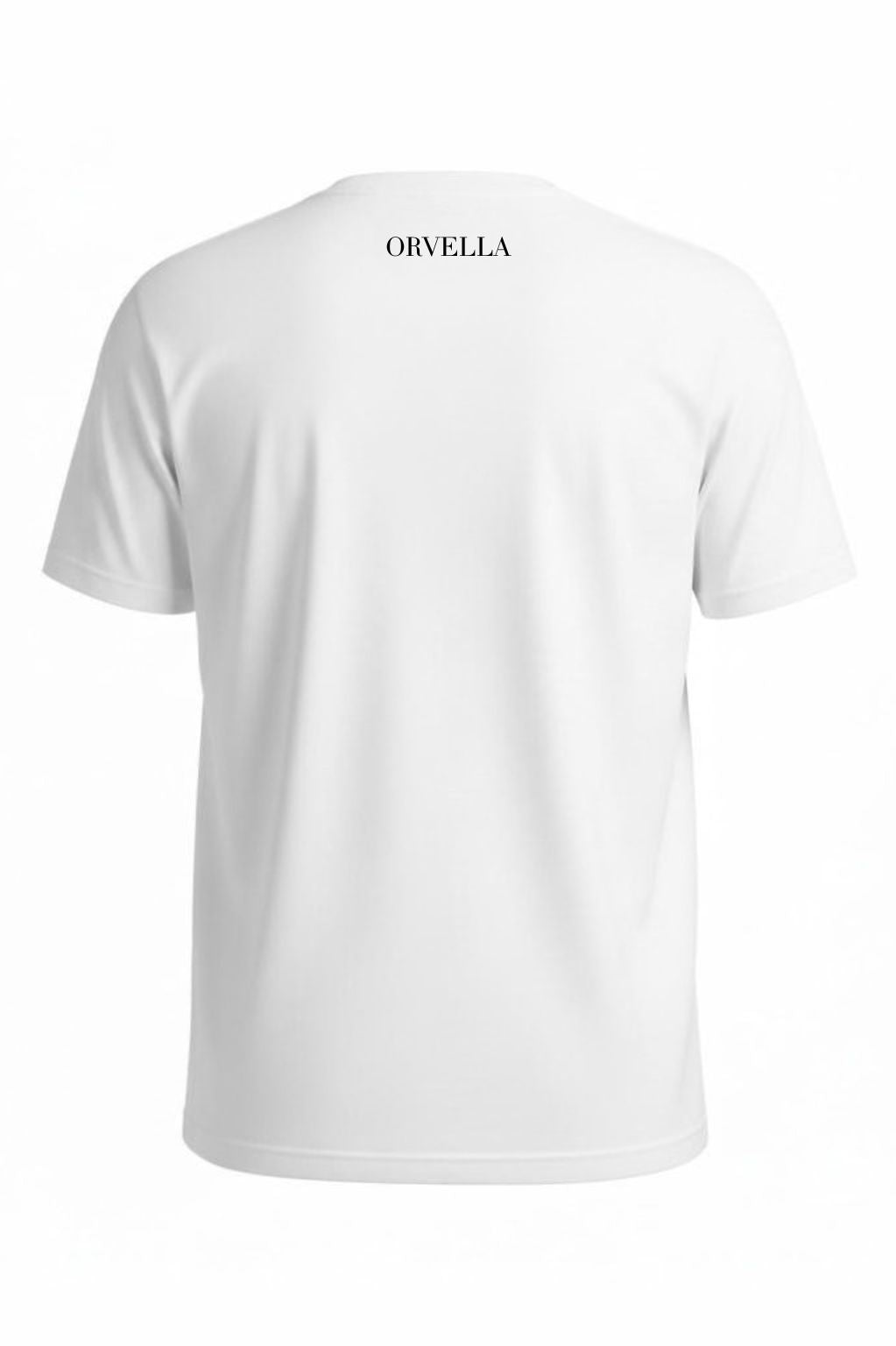 White t-shirt with 'ORVELLA' branding on the back against a white background