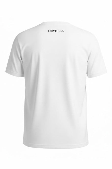 White t-shirt with 'ORVELLA' branding on the back against a white background