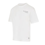 Billionaire by ORVELLA white luxury T-shirt angled front view with subtle chest branding, signature hem emblem, clean structured fit, and premium streetwear design.