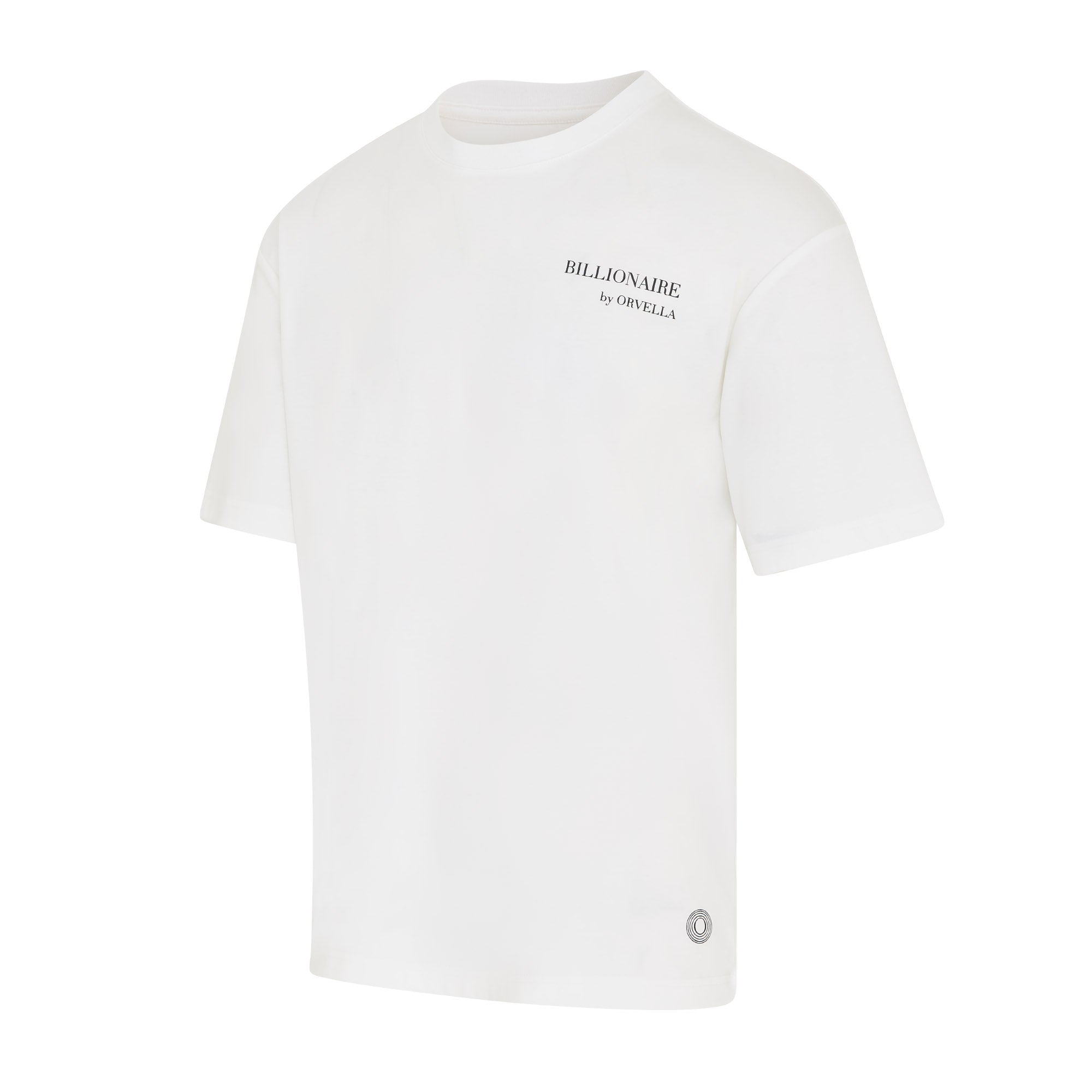 Billionaire by ORVELLA white luxury T-shirt angled front view with subtle chest branding, signature hem emblem, clean structured fit, and premium streetwear design.