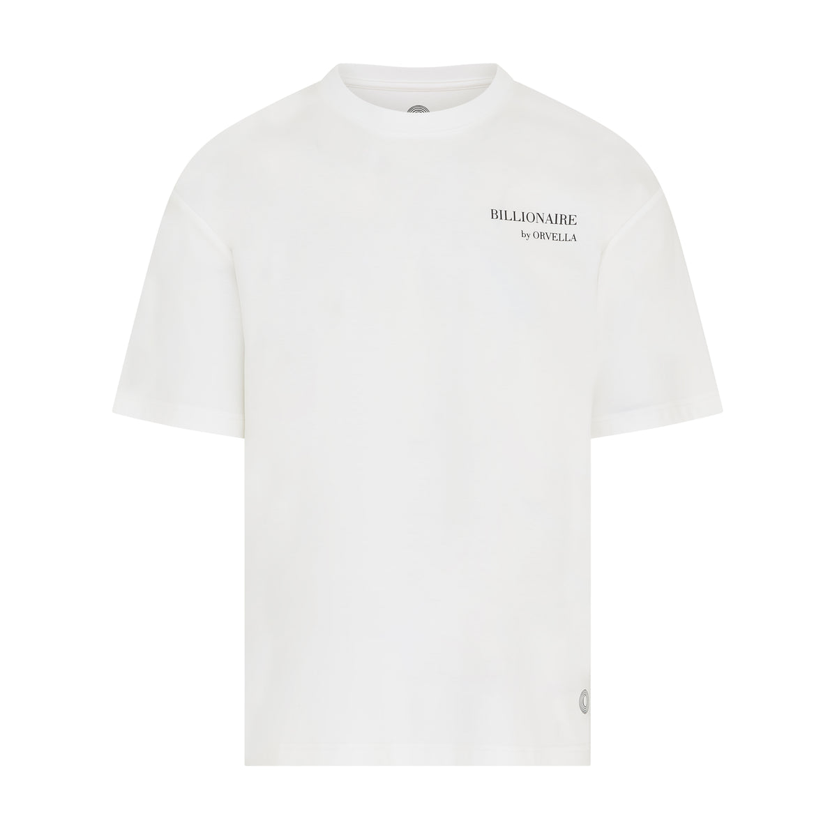Billionaire by ORVELLA white luxury T-shirt front view with subtle chest branding, clean structured fit, and signature hem emblem.