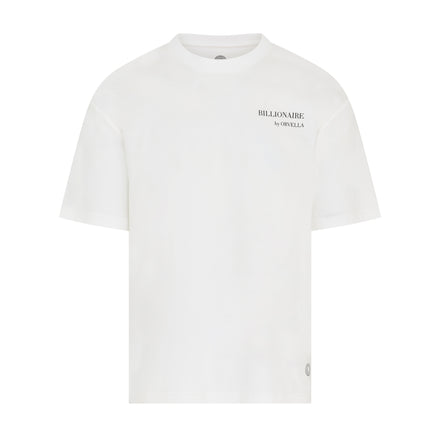 Billionaire by ORVELLA white luxury T-shirt front view with subtle chest branding, clean structured fit, and signature hem emblem.