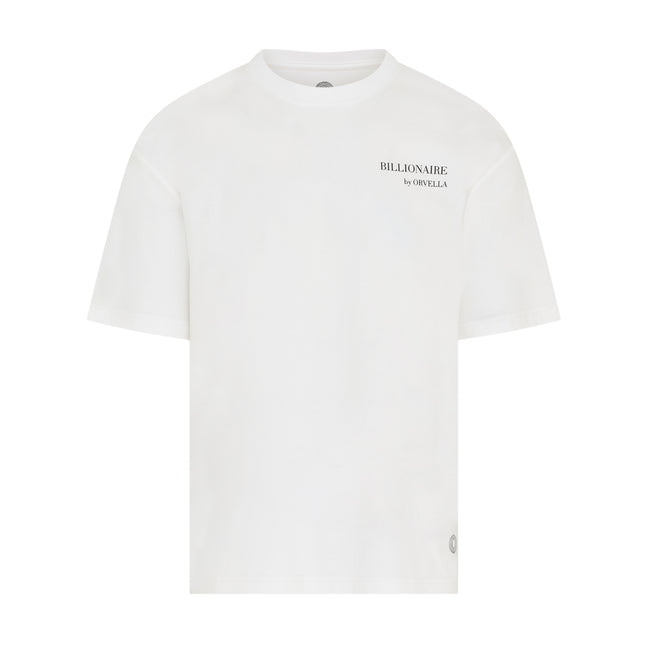 Billionaire by ORVELLA white luxury T-shirt front view with subtle chest branding, clean structured fit, and signature hem emblem.