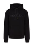 Black ORVELLA luxury hoodie front view with tonal chest logo, drawstring hood, front pouch pocket, ribbed cuffs, and structured premium streetwear fit.