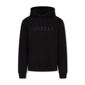 Black ORVELLA luxury hoodie front view with tonal chest logo, drawstring hood, front pouch pocket, ribbed cuffs, and structured premium streetwear fit.