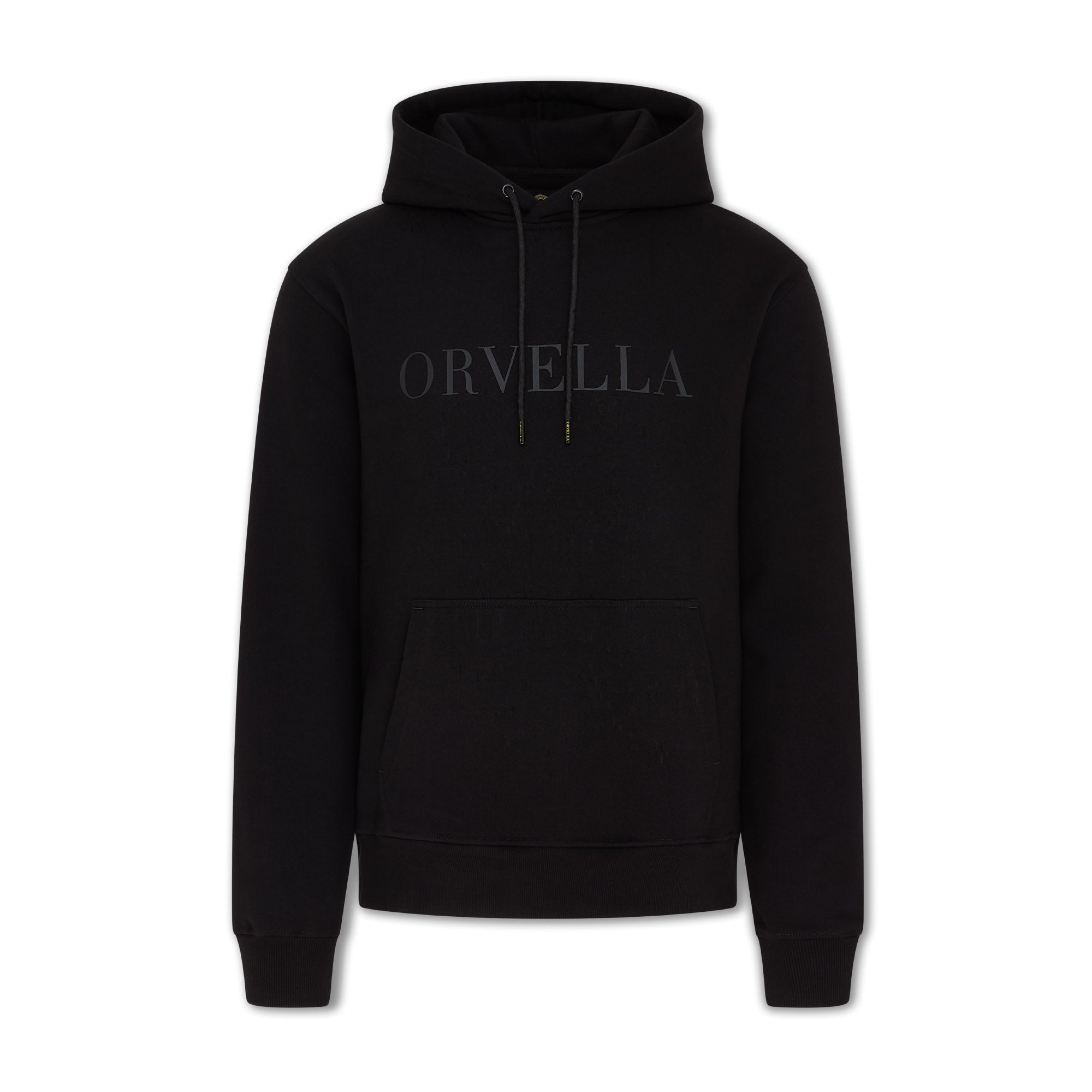 Black ORVELLA luxury hoodie front view with tonal chest logo, drawstring hood, front pouch pocket, ribbed cuffs, and structured premium streetwear fit.