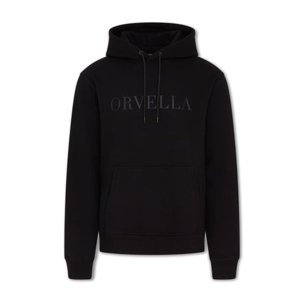 Black ORVELLA luxury hoodie front view with tonal chest logo, drawstring hood, front pouch pocket, ribbed cuffs, and structured premium streetwear fit.