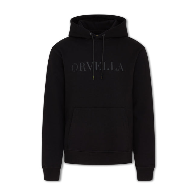 Black ORVELLA luxury hoodie front view with tonal chest logo, drawstring hood, front pouch pocket, ribbed cuffs, and structured premium streetwear fit.