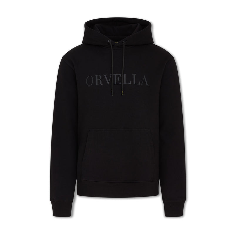 Black ORVELLA luxury hoodie front view with tonal chest logo, drawstring hood, front pouch pocket, ribbed cuffs, and structured premium streetwear fit.