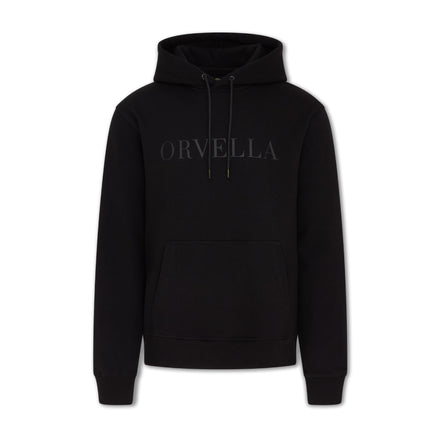 Black ORVELLA luxury hoodie front view with tonal chest logo, drawstring hood, front pouch pocket, ribbed cuffs, and structured premium streetwear fit.