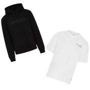 ORVELLA luxury streetwear bundle featuring a black Signature Hoodie and Billionaire white T-shirt displayed together on a clean white background.