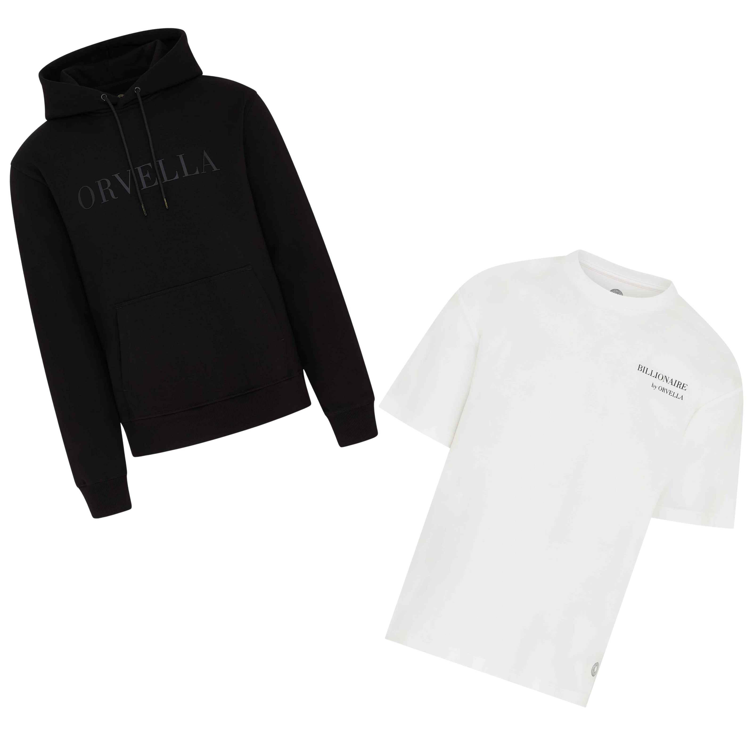 ORVELLA luxury streetwear bundle featuring a black Signature Hoodie and Billionaire white T-shirt displayed together on a clean white background.
