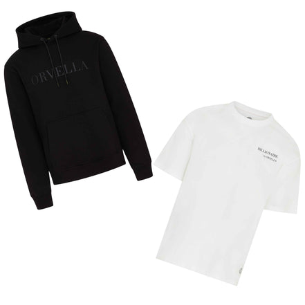 ORVELLA luxury streetwear bundle featuring a black Signature Hoodie and Billionaire white T-shirt displayed together on a clean white background.