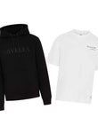 ORVELLA luxury streetwear bundle featuring a black Signature Hoodie and Billionaire white T-shirt on a clean white background.