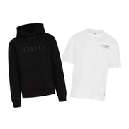 ORVELLA luxury streetwear bundle featuring a black Signature Hoodie and Billionaire white T-shirt on a clean white background.