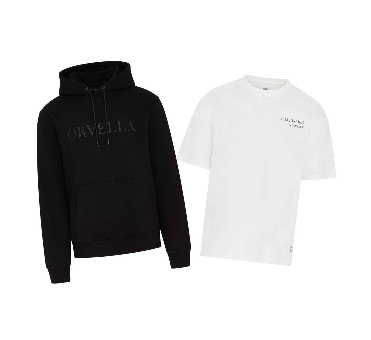 ORVELLA luxury streetwear bundle featuring a black Signature Hoodie and Billionaire white T-shirt on a clean white background.