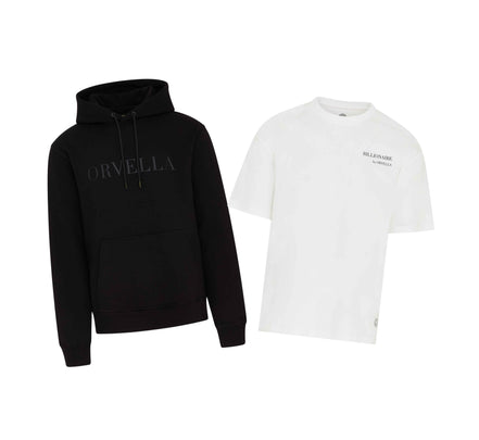ORVELLA luxury streetwear bundle featuring a black Signature Hoodie and Billionaire white T-shirt on a clean white background.
