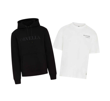 ORVELLA luxury streetwear bundle featuring a black Signature Hoodie and Billionaire white T-shirt on a clean white background.