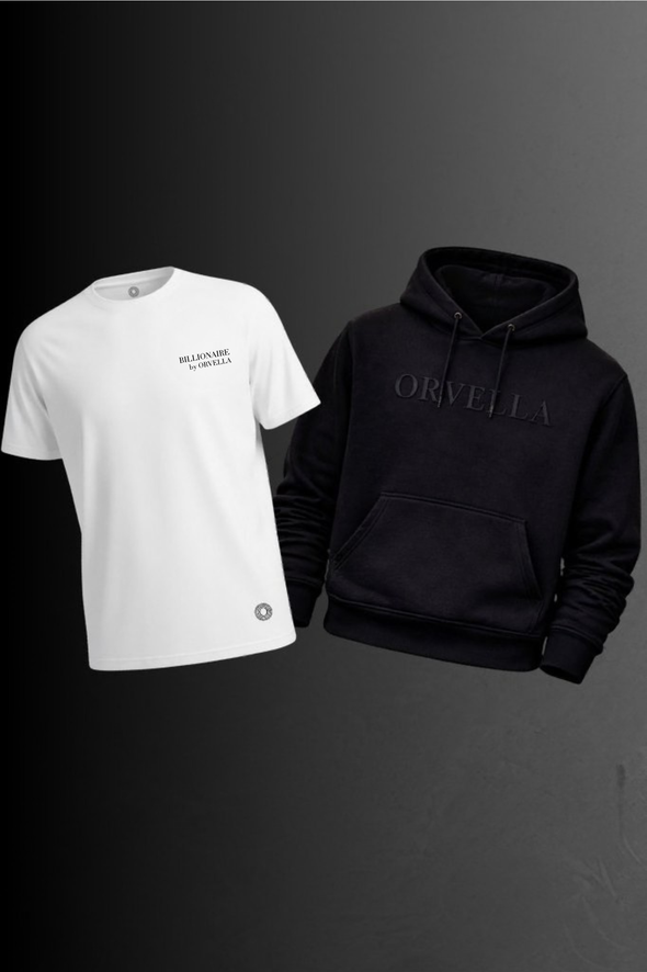 ORVELLA signature black hoodie and Billionaire by ORVELLA white t-shirt luxury essentials bundle