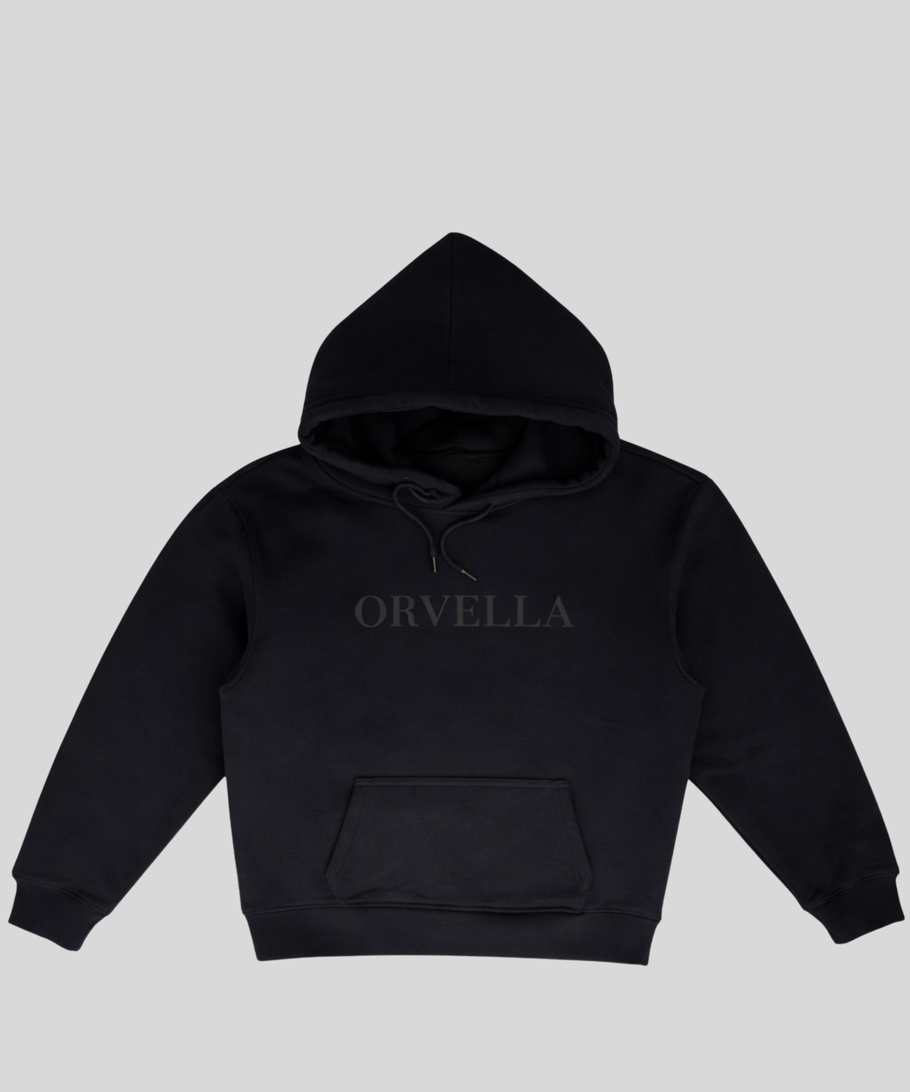 Luxury black ORVELLA hoodie front view with tonal logo, hood and kangaroo pocket