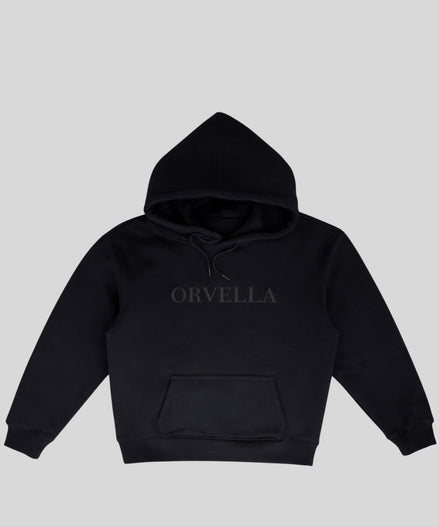 Luxury black ORVELLA hoodie front view with tonal logo, hood and kangaroo pocket