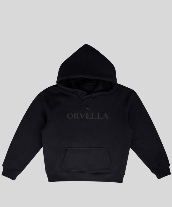 Luxury black ORVELLA hoodie front view with tonal logo, hood and kangaroo pocket