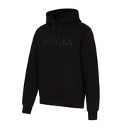 Black ORVELLA luxury hoodie angled front view with tonal chest branding, drawstring hood, front pouch pocket, ribbed cuffs, and subtle sleeve emblem.