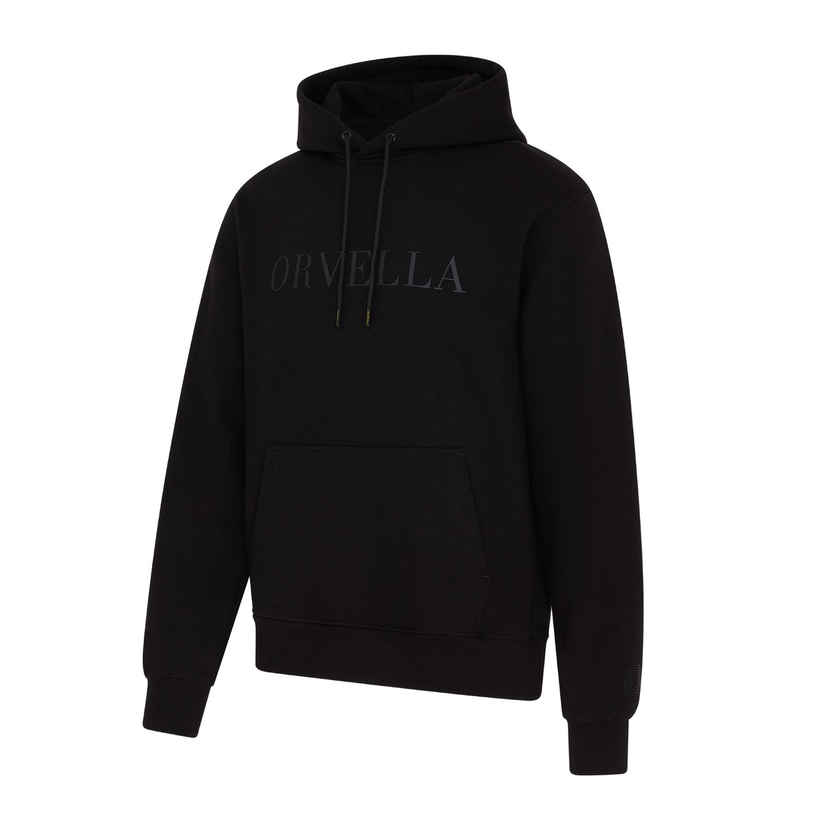Black ORVELLA luxury hoodie angled front view with tonal chest branding, drawstring hood, front pouch pocket, ribbed cuffs, and subtle sleeve emblem.