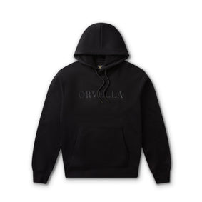 Black ORVELLA luxury hoodie front view with tonal chest branding, drawstring hood, front pouch pocket, ribbed cuffs, and subtle sleeve emblem.