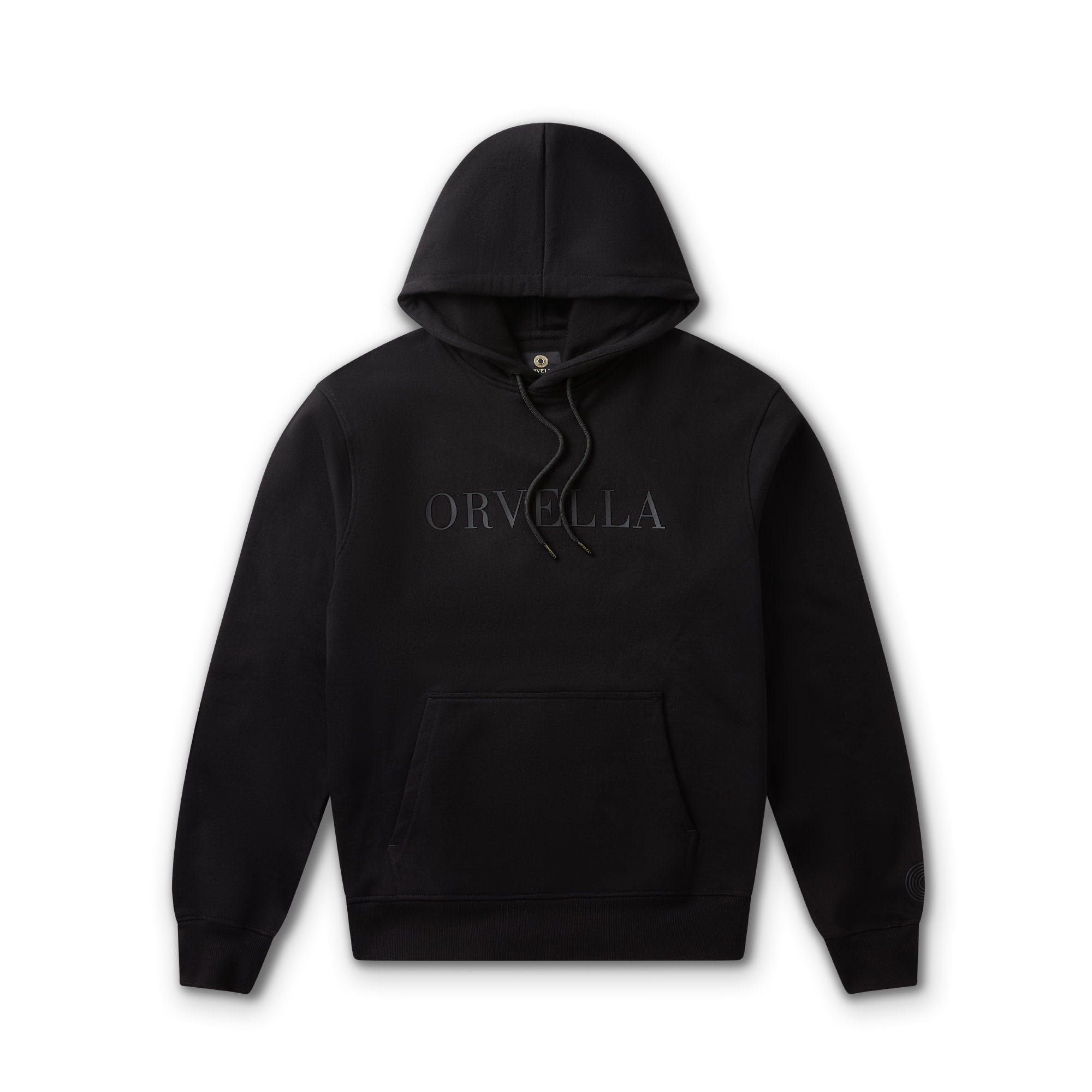 Black ORVELLA luxury hoodie front view with tonal chest branding, drawstring hood, front pouch pocket, ribbed cuffs, and subtle sleeve emblem.