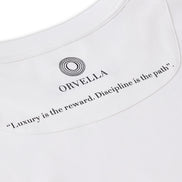 Close-up of the Billionaire by ORVELLA white luxury T-shirt inner neck print, showing the ORVELLA logo, clean collar stitching, and the quote “Luxury is the reward. Discipline is the path.”