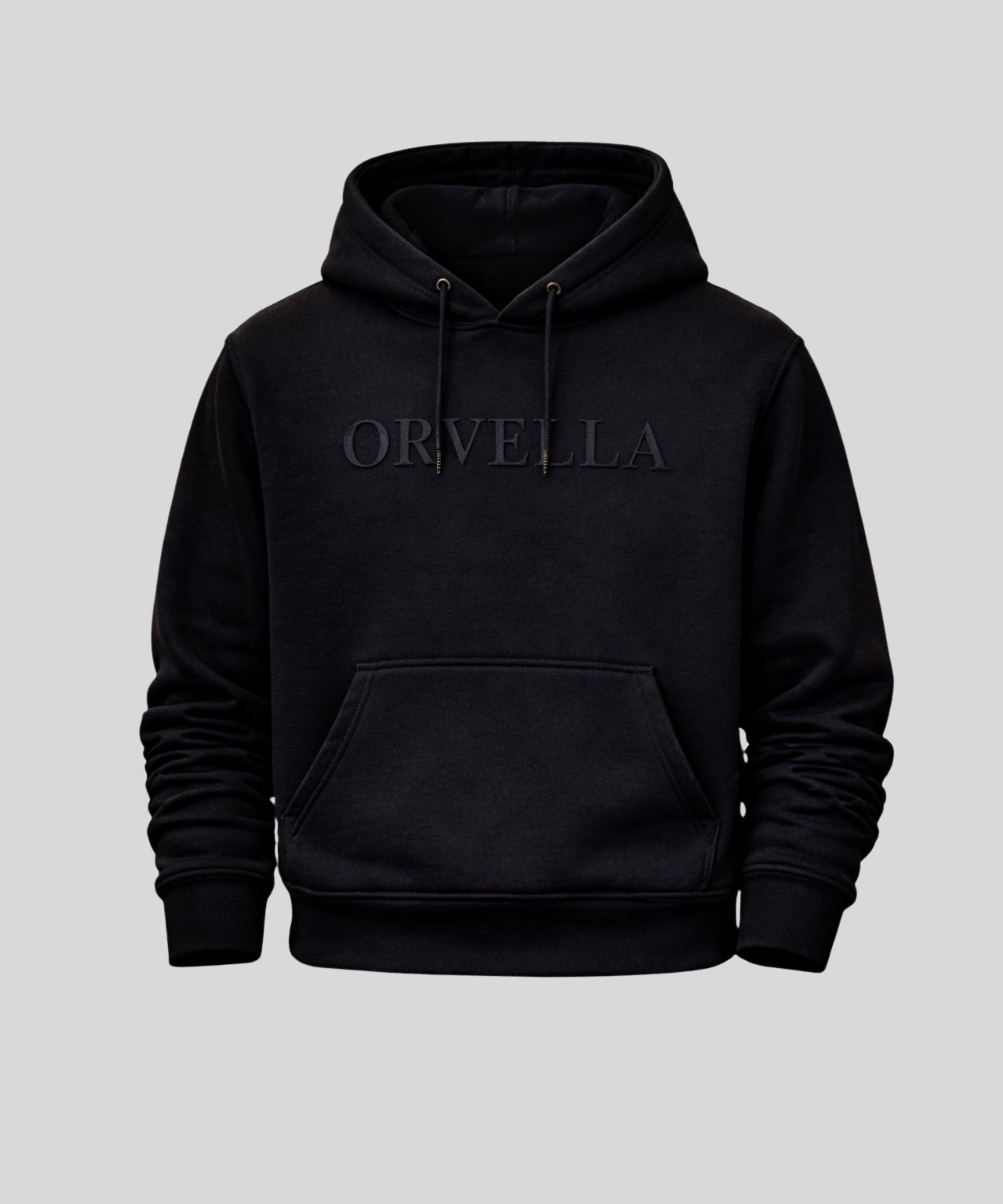 Luxury black ORVELLA hoodie front product image with tonal logo and kangaroo pocket