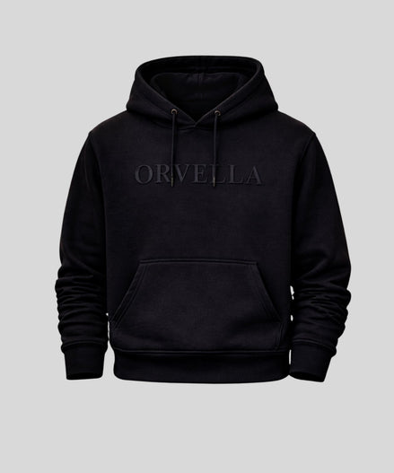 Luxury black ORVELLA hoodie front product image with tonal logo and kangaroo pocket