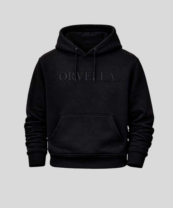 Luxury black ORVELLA hoodie front product image with tonal logo and kangaroo pocket