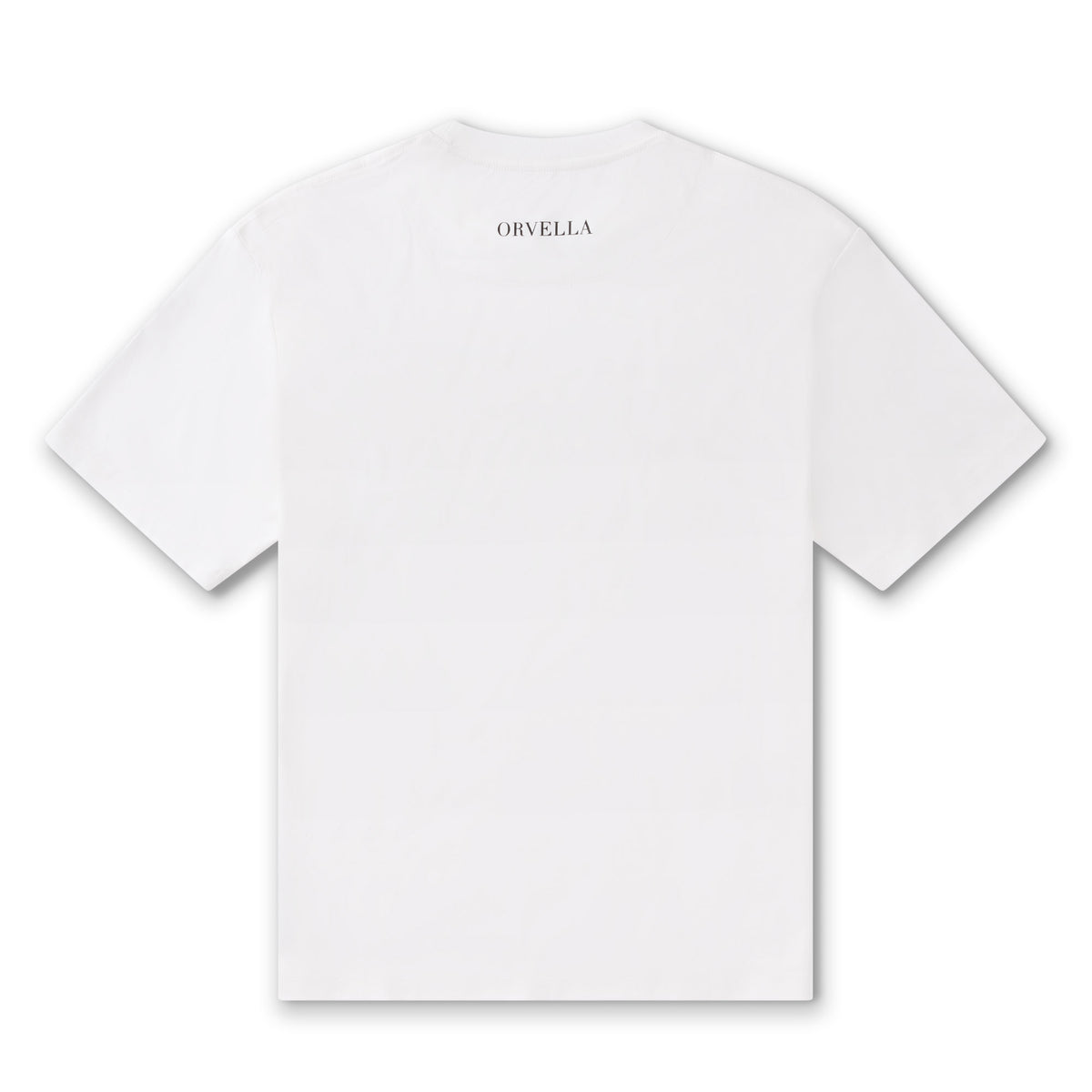 Rear view of the Billionaire by ORVELLA white luxury T-shirt, showing subtle ORVELLA back neck branding, clean stitching, and smooth premium fabric.