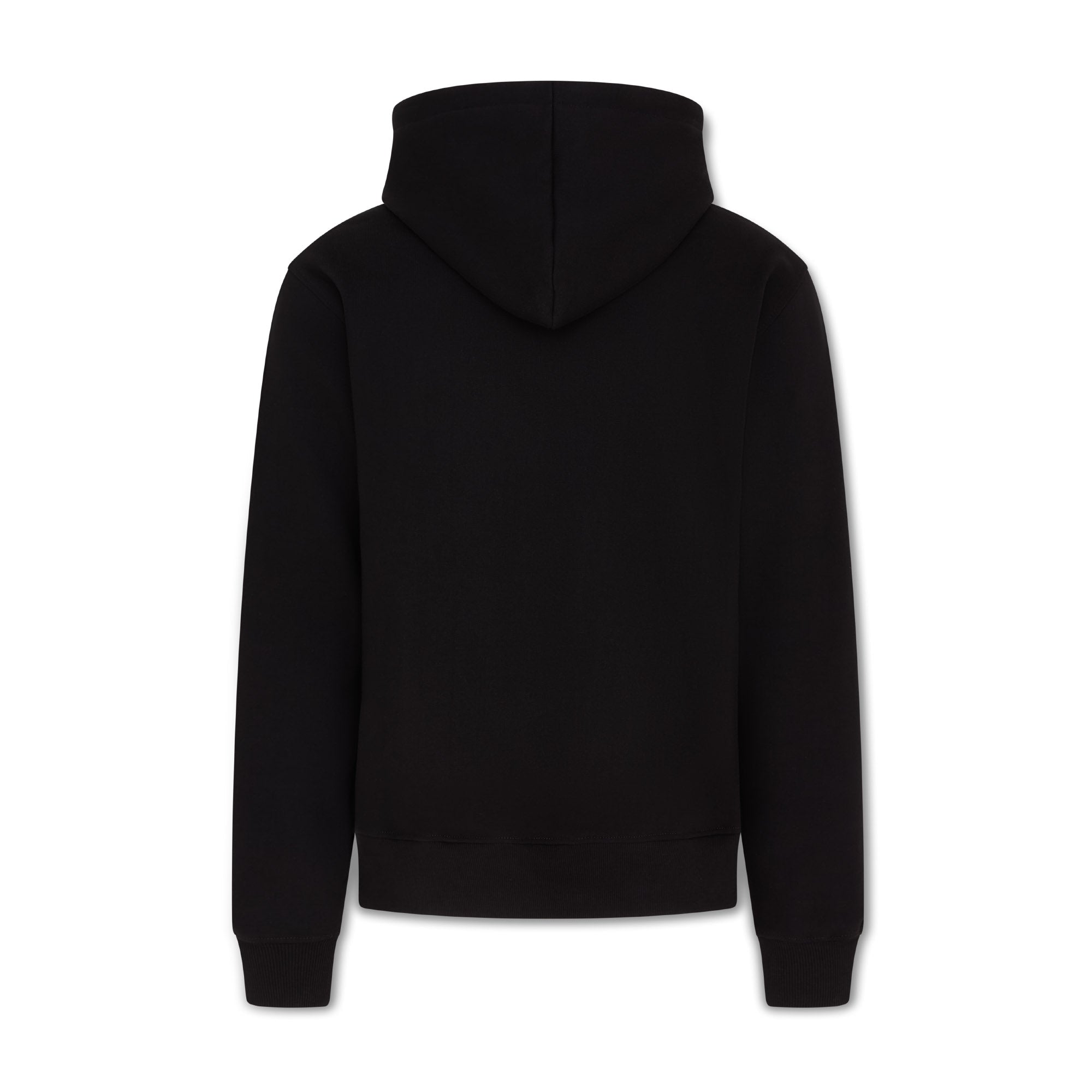 Rear view of the black ORVELLA luxury hoodie showing a clean minimalist back design, structured hood, ribbed cuffs, and premium streetwear construction.