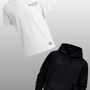 White t-shirt and black hoodie with 'Orvella' branding on a gray background