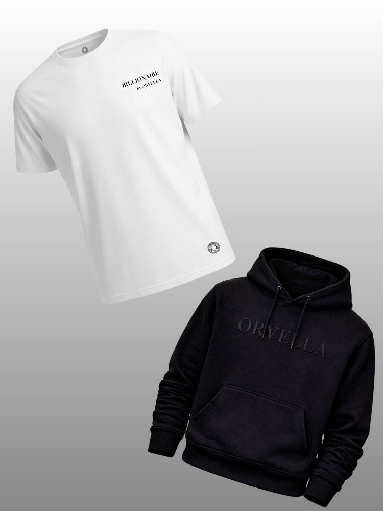 White t-shirt and black hoodie with 'Orvella' branding on a gray background