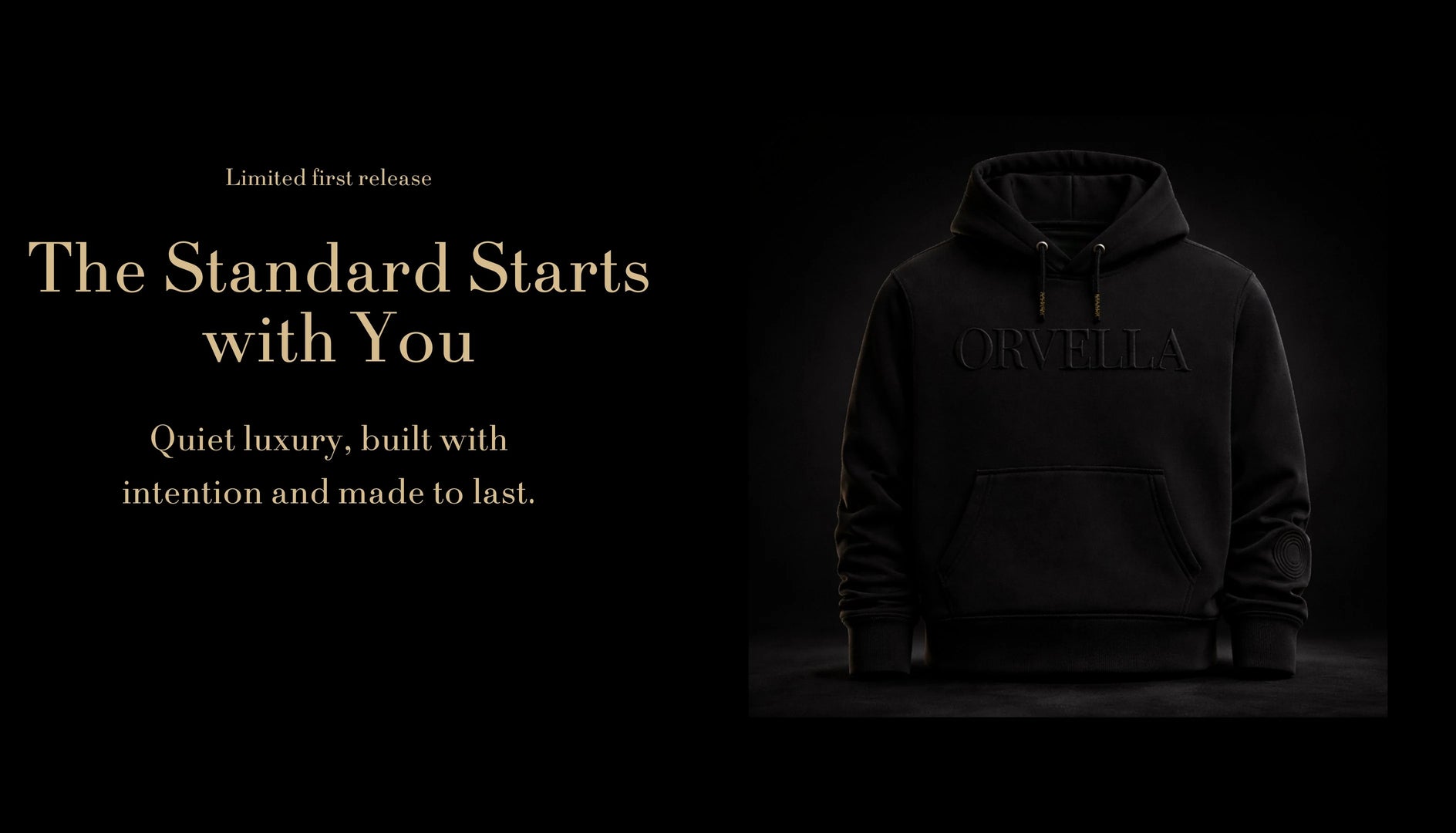 Luxury black ORVELLA hoodie promotional banner with premium streetwear design and refined brand messaging