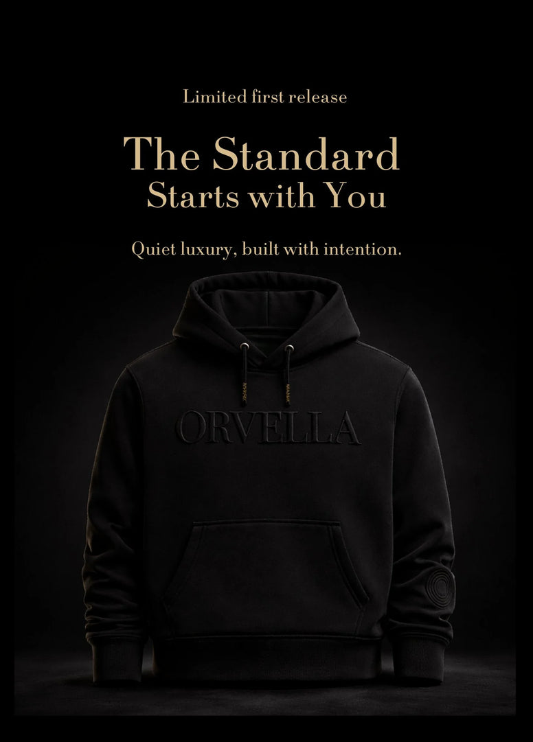 Luxury black ORVELLA hoodie mobile promotional banner with premium streetwear design and refined brand messaging