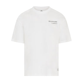 Billionaire by ORVELLA white luxury T-shirt front view with subtle chest branding, clean structured fit, smooth premium fabric, and signature hem emblem.