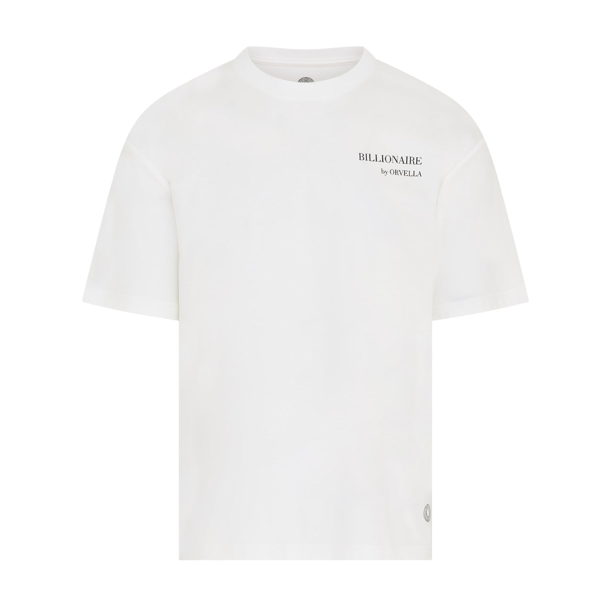 Billionaire by ORVELLA white luxury T-shirt front view with subtle chest branding, clean structured fit, smooth premium fabric, and signature hem emblem.
