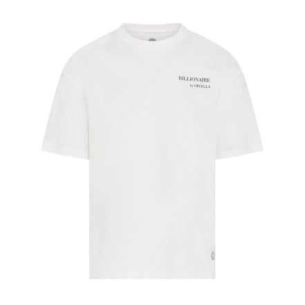 Billionaire by ORVELLA white luxury T-shirt front view with subtle chest branding, clean structured fit, smooth premium fabric, and signature hem emblem.