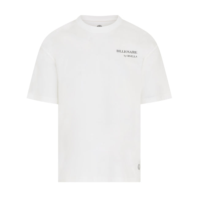 Billionaire by ORVELLA white luxury T-shirt front view with subtle chest branding, clean structured fit, smooth premium fabric, and signature hem emblem.