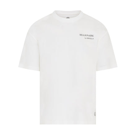 Billionaire by ORVELLA white luxury T-shirt front view with subtle chest branding, clean structured fit, smooth premium fabric, and signature hem emblem.