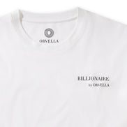 Close-up of the Billionaire by ORVELLA white luxury T-shirt, showing the chest branding, inner neck logo, clean collar stitching, and smooth premium fabric.